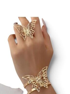 Jewelry set Vermeil Gold Butterfly lovers cuff bracelet with matching ring